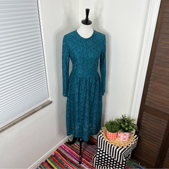 H&M | Teal Green Long Sleeve Midi Lace Dress